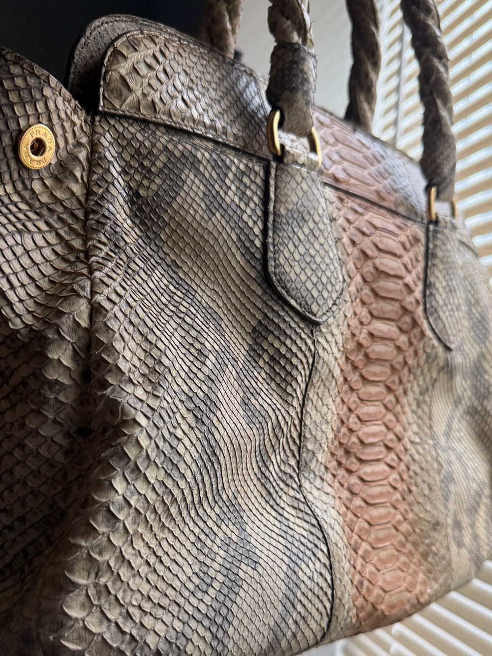 Prada Tan and Brown Snake Print Satchel - Picture 5 of 12